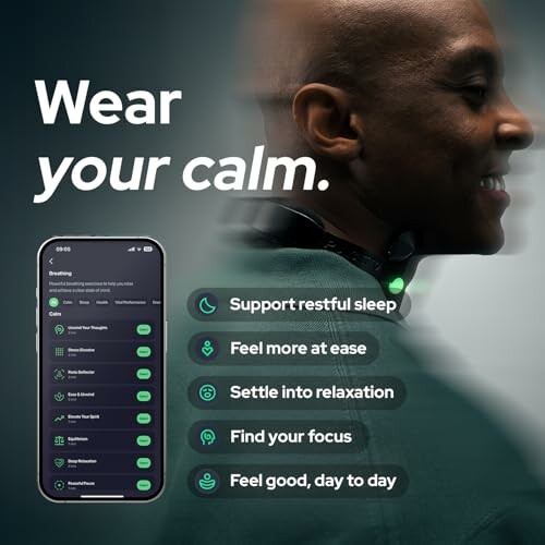 Man wearing a device with a calming app interface on phone.
