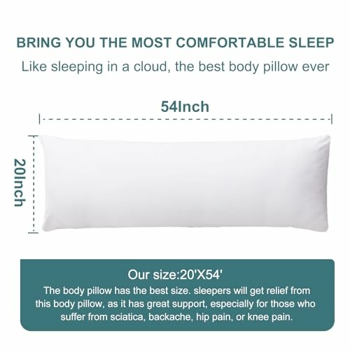 Body pillow with dimensions 20x54 inches for comfortable sleep.