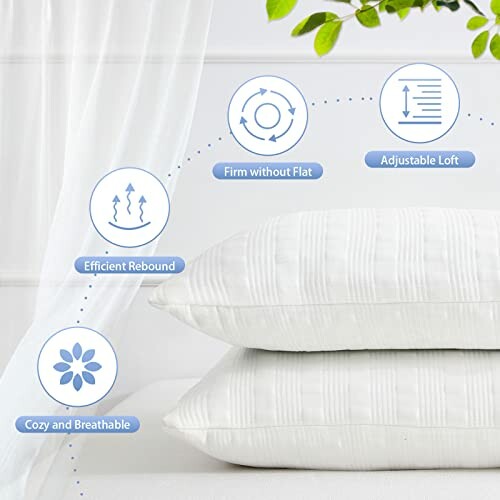 Stacked pillows with features: firm, adjustable, efficient rebound, cozy.