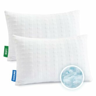 Two white striped pillows labeled soft and cooling with a close-up of filling.