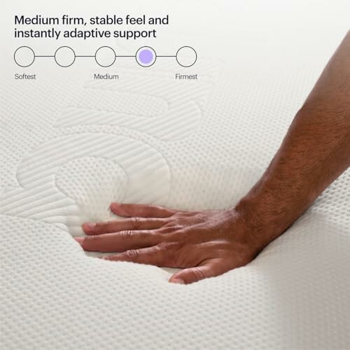 Hand pressing on medium firm mattress with adaptive support, showcasing comfort and pressure relief