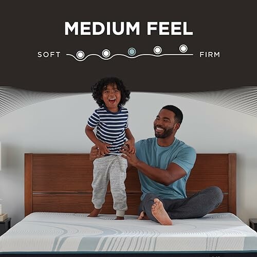 Man and child on a medium feel mattress with soft to firm scale.